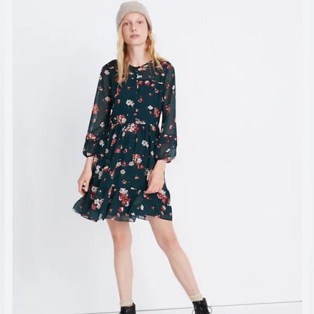 Madewell sheer sleeve pintuck ruffle dress spruce bloom